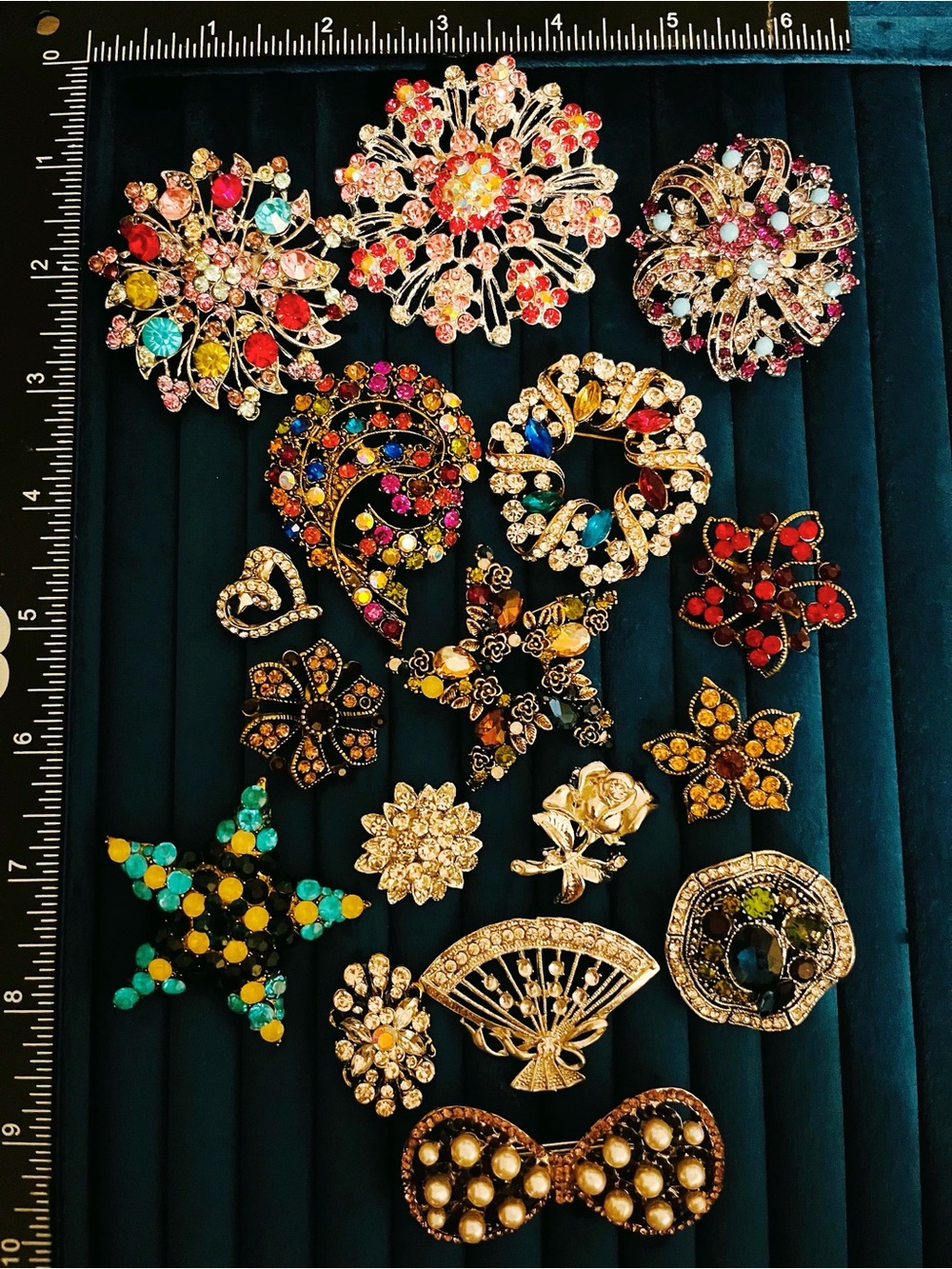 Vintage Czech Style Brooch Lot 17pc Glass Rhinestone Flower Star Fan